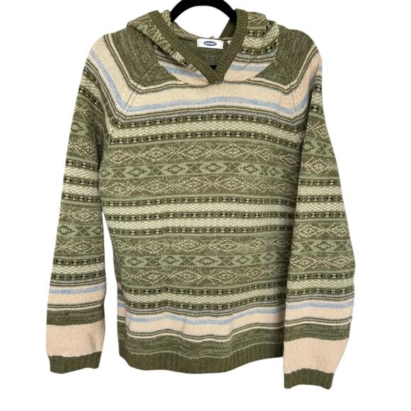 Old Navy Green Fair Isle Nordic 100% Lambswool Sweater Hoodie Size XL - Picture 2 of 4
